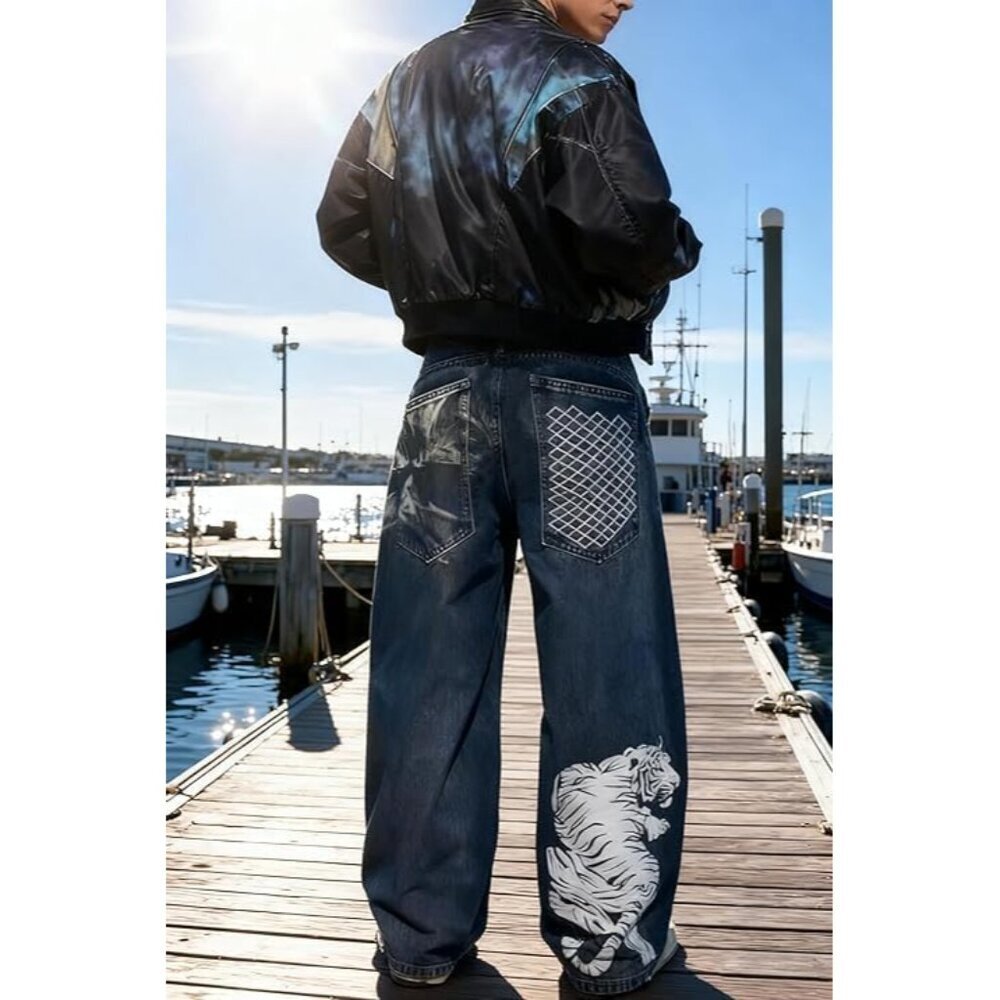 Unisex Y2K Gothic Print Wide Leg Baggy Jeans Vintage High Waist Denim - Picture 5 of 6